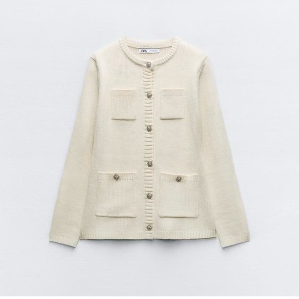 NWT Zara Jewel Button Knit Cardigan with Pockets and Shoulder Pads